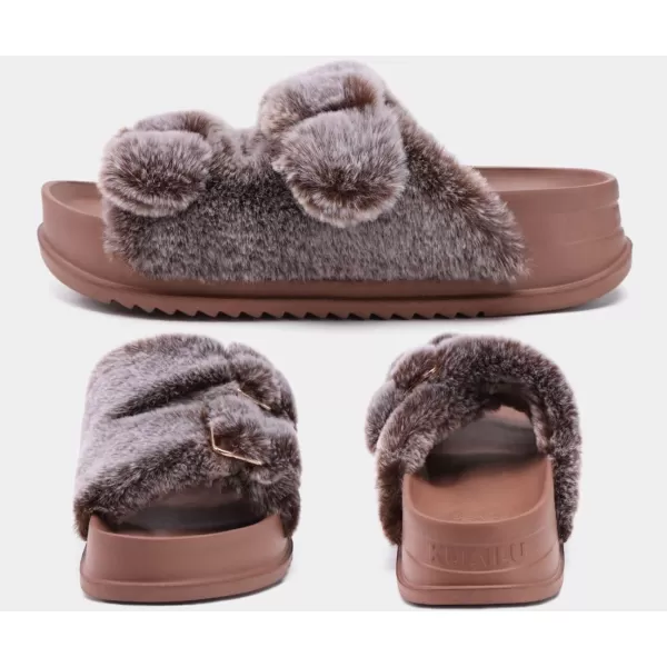 KuaiLu Womens Platform Slipper with Arch Support Soft Cushion Faux Fur Sandals Open Toe House Slipper Fluffy Slides Indoor Outdoor,6~12
