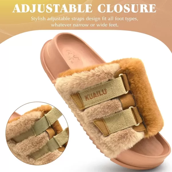 KuaiLu Womens Platform Slipper with Arch Support Soft Cushion Faux Fur Sandals Open Toe House Slipper Fluffy Slides Indoor Outdoor,6~12