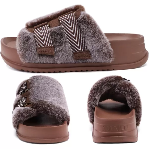 KuaiLu Womens Platform Slipper with Arch Support Soft Cushion Faux Fur Sandals Open Toe House Slipper Fluffy Slides Indoor Outdoor,6~12)