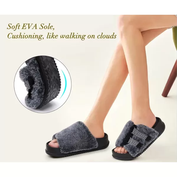 KuaiLu Womens Platform Slipper with Arch Support Soft Cushion Faux Fur Sandals Open Toe House Slipper Fluffy Slides Indoor Outdoor,6~12)