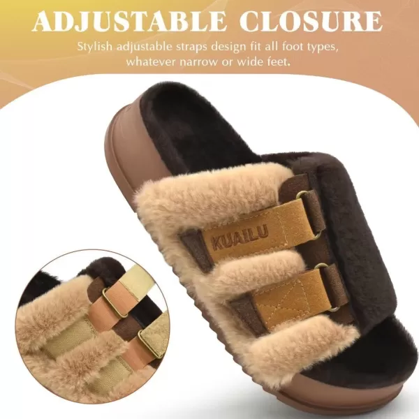 KuaiLu Womens Platform Slipper with Arch Support Soft Cushion Faux Fur Sandals Open Toe House Slipper Fluffy Slides Indoor Outdoor,6~12