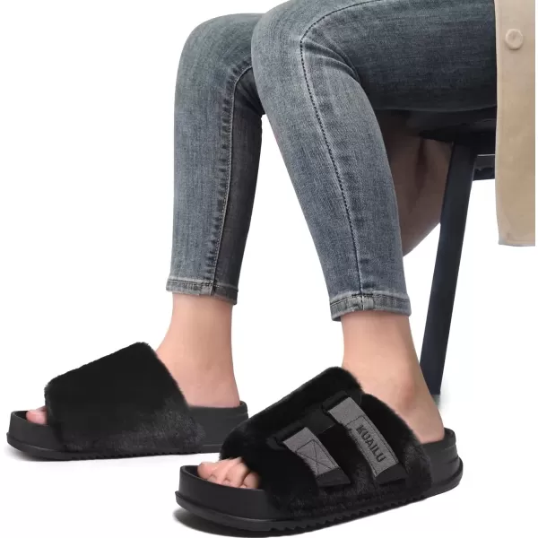 KuaiLu Womens Platform Slipper with Arch Support Soft Cushion Faux Fur Sandals Open Toe House Slipper Fluffy Slides Indoor Outdoor,6~12