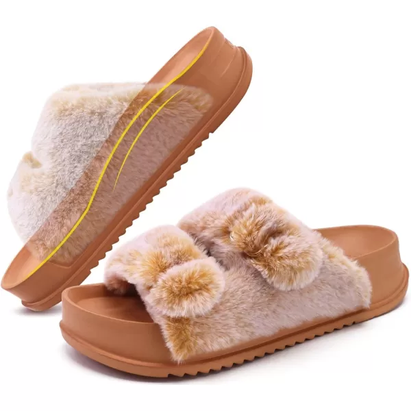 KuaiLu Womens Platform Slipper with Arch Support Soft Cushion Faux Fur Sandals Open Toe House Slipper Fluffy Slides Indoor Outdoor,6~12