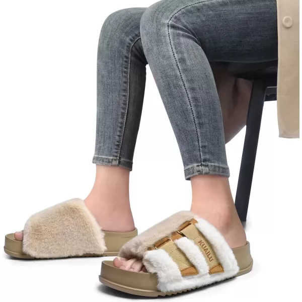 KuaiLu Womens Platform Slipper with Arch Support Soft Cushion Faux Fur Sandals Open Toe House Slipper Fluffy Slides Indoor Outdoor,6~12