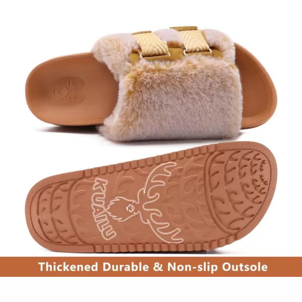 KuaiLu Womens Platform Slipper with Arch Support Soft Cushion Faux Fur Sandals Open Toe House Slipper Fluffy Slides Indoor Outdoor,6~12)