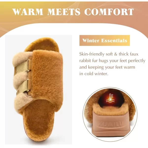 KuaiLu Womens Platform Slipper with Arch Support Soft Cushion Faux Fur Sandals Open Toe House Slipper Fluffy Slides Indoor Outdoor,6~12