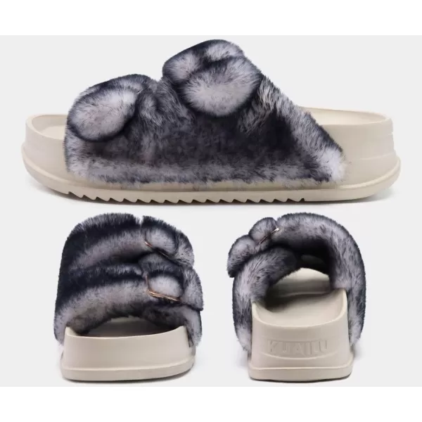 KuaiLu Womens Platform Slipper with Arch Support Soft Cushion Faux Fur Sandals Open Toe House Slipper Fluffy Slides Indoor Outdoor,6~12