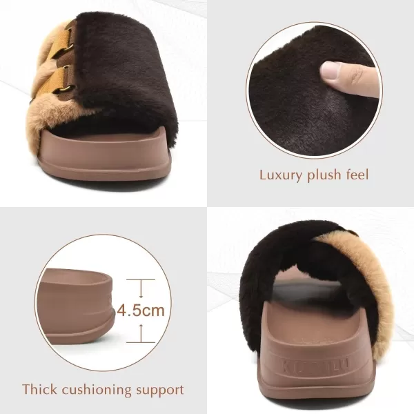 KuaiLu Womens Platform Slipper with Arch Support Soft Cushion Faux Fur Sandals Open Toe House Slipper Fluffy Slides Indoor Outdoor,6~12