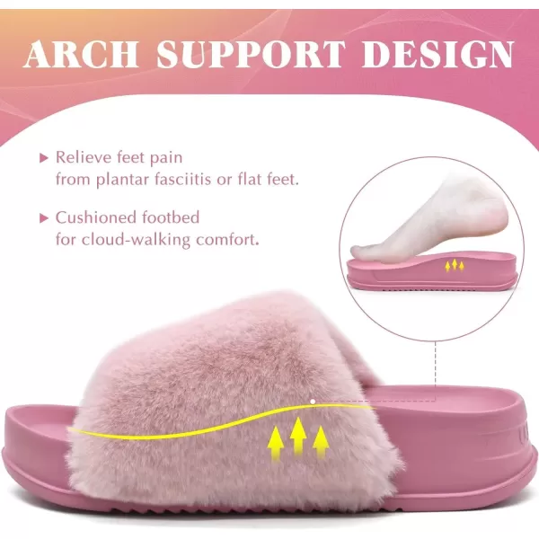 KuaiLu Womens Platform Slipper with Arch Support Soft Cushion Faux Fur Sandals Open Toe House Slipper Fluffy Slides Indoor Outdoor,6~12