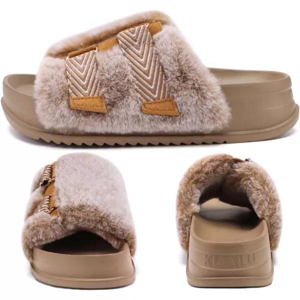 KuaiLu Womens Platform Slipper with Arch Support Soft Cushion Faux Fur Sandals Open Toe House Slipper Fluffy Slides Indoor Outdoor,6~12)