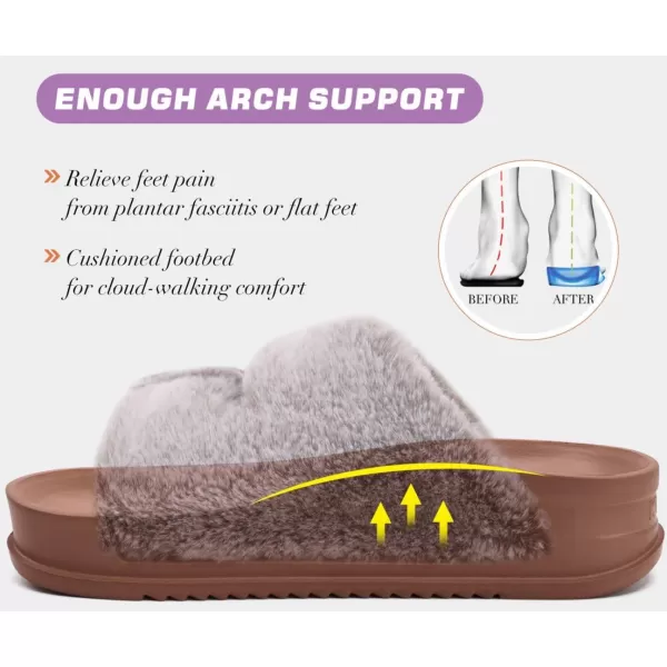KuaiLu Womens Platform Slipper with Arch Support Soft Cushion Faux Fur Sandals Open Toe House Slipper Fluffy Slides Indoor Outdoor,6~12