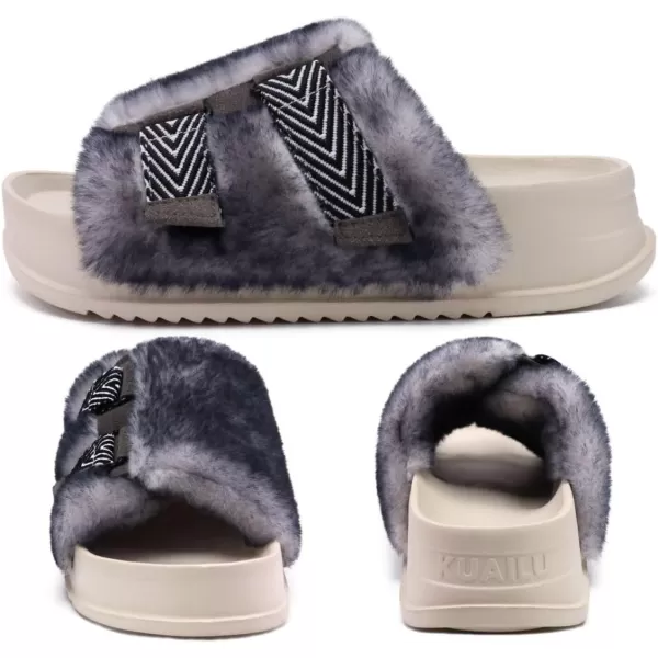 KuaiLu Womens Platform Slipper with Arch Support Soft Cushion Faux Fur Sandals Open Toe House Slipper Fluffy Slides Indoor Outdoor,6~12)