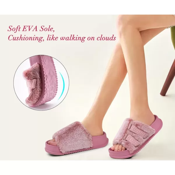 KuaiLu Womens Platform Slipper with Arch Support Soft Cushion Faux Fur Sandals Open Toe House Slipper Fluffy Slides Indoor Outdoor,6~12)