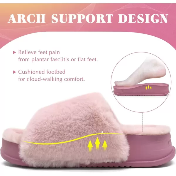 KuaiLu Womens Platform Slipper with Arch Support Soft Cushion Faux Fur Sandals Open Toe House Slipper Fluffy Slides Indoor Outdoor,6~12