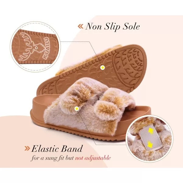 KuaiLu Womens Platform Slipper with Arch Support Soft Cushion Faux Fur Sandals Open Toe House Slipper Fluffy Slides Indoor Outdoor,6~12