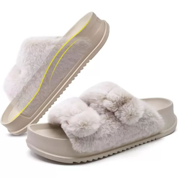 KuaiLu Womens Platform Slipper with Arch Support Soft Cushion Faux Fur Sandals Open Toe House Slipper Fluffy Slides Indoor Outdoor,6~12