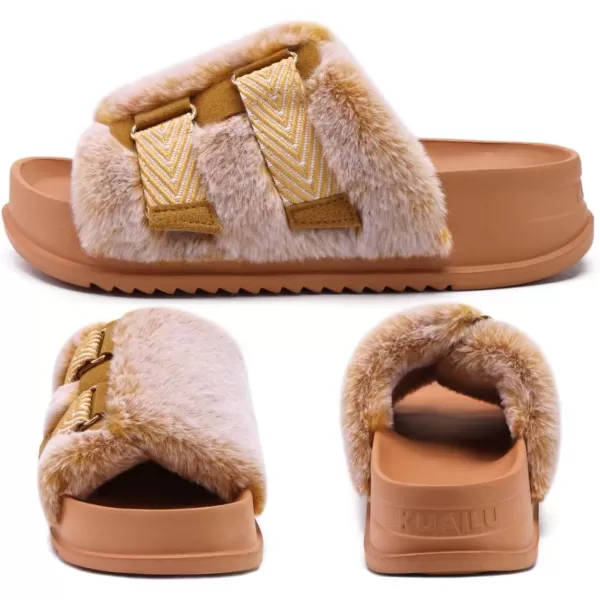 KuaiLu Womens Platform Slipper with Arch Support Soft Cushion Faux Fur Sandals Open Toe House Slipper Fluffy Slides Indoor Outdoor,6~12)