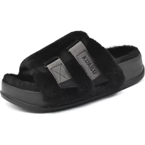 KuaiLu Womens Platform Slipper with Arch Support Soft Cushion Faux Fur Sandals Open Toe House Slipper Fluffy Slides Indoor Outdoor,6~12