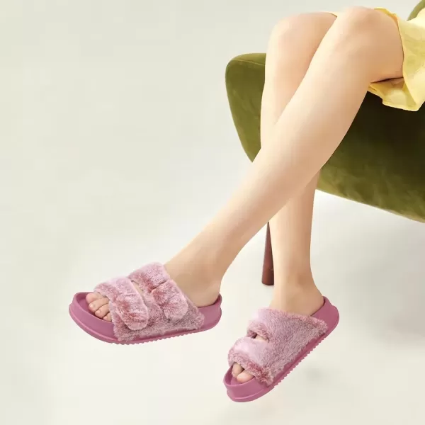 KuaiLu Womens Platform Slipper with Arch Support Soft Cushion Faux Fur Sandals Open Toe House Slipper Fluffy Slides Indoor Outdoor,6~12