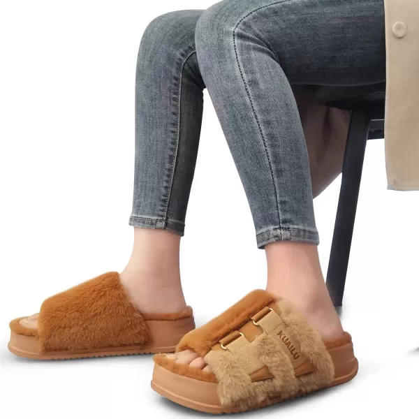 KuaiLu Womens Platform Slipper with Arch Support Soft Cushion Faux Fur Sandals Open Toe House Slipper Fluffy Slides Indoor Outdoor,6~12