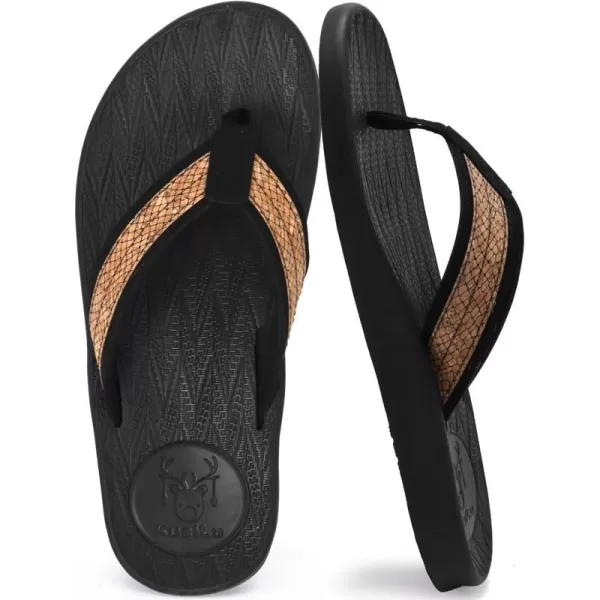 KuaiLu Mens Flip Flops Arch Support Comfortable Waterproof Open Toe Summer Beach Leather Thong Sandals Cushion Slip on Slippers