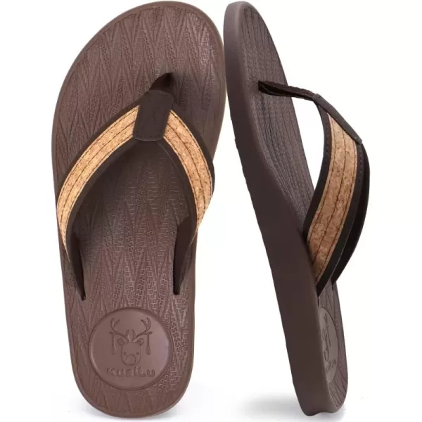 KuaiLu Mens Flip Flops Arch Support Comfortable Waterproof Open Toe Summer Beach Leather Thong Sandals Cushion Slip on Slippers