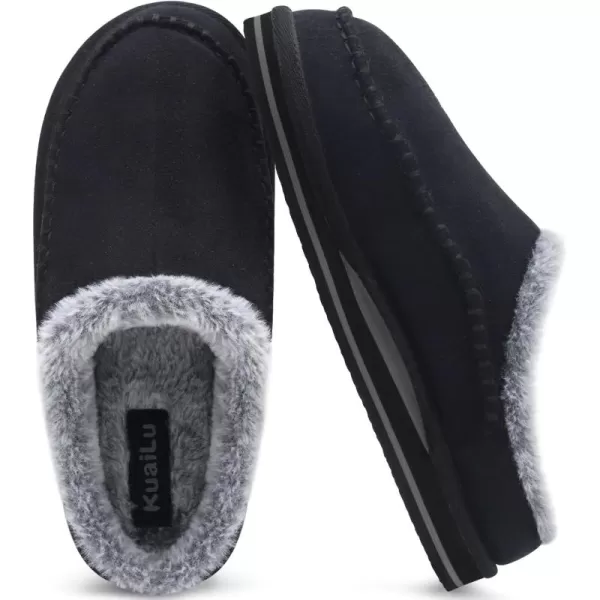 KuaiLu Mens Memory Foam Clog Slippers Comfy Handmade Stitch Microsuede Slip-on House Shoes With Arch Support Warm Faux Fur Lined Rubber Sole Indoor Outdoor