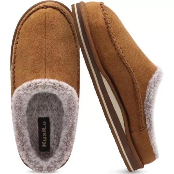 KuaiLu Mens Memory Foam Clog Slippers Comfy Handmade Stitch Microsuede Slip-on House Shoes With Arch Support Warm Faux Fur Lined Rubber Sole Indoor Outdoor