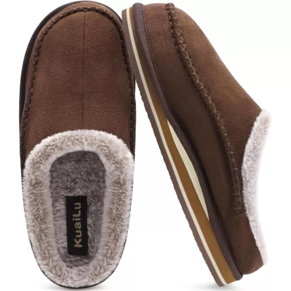 KuaiLu Mens Memory Foam Clog Slippers Comfy Handmade Stitch Microsuede Slip-on House Shoes With Arch Support Warm Faux Fur Lined Rubber Sole Indoor Outdoor