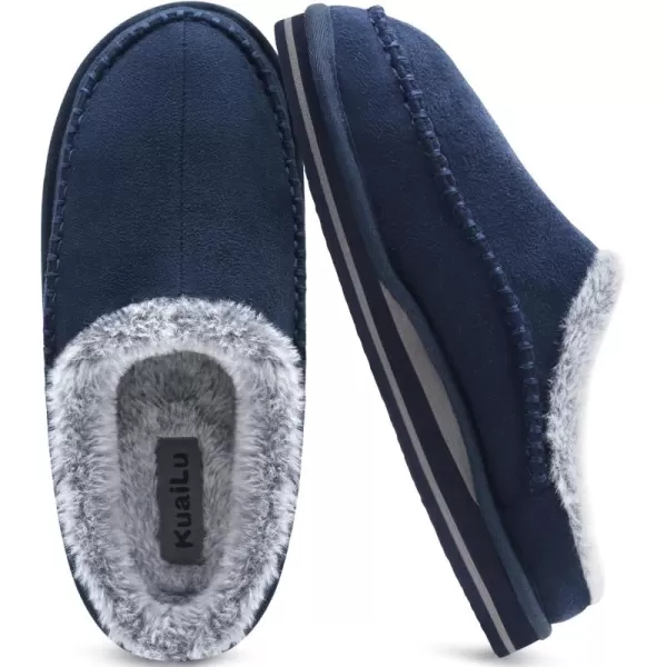 KuaiLu Mens Memory Foam Clog Slippers Comfy Handmade Stitch Microsuede Slip-on House Shoes With Arch Support Warm Faux Fur Lined Rubber Sole Indoor Outdoor