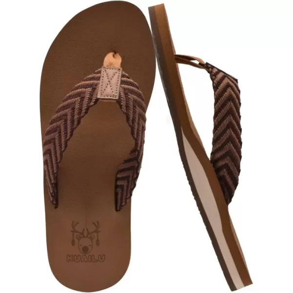 KuaiLu Men's Yoga Mat Leather Flip Flops Thong Sandals with Arch Support