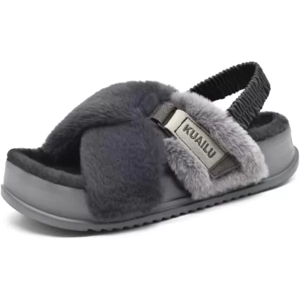 KuaiLu Womens Fuzzy Cross Band Platform Slippers with Back Strap Arch Support Furry Faux Fur Ladies Open Toe Slingback Slide Slippers Cozy Soft Plush Fleece Comfy House Shoe Sandals for Indoor Outdoor