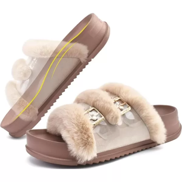 KuaiLu Womens Platform Slipper with Arch Support Soft Cushion Faux Fur Sandals Open Toe House Slipper Fluffy Slides Indoor Outdoor,6~12
