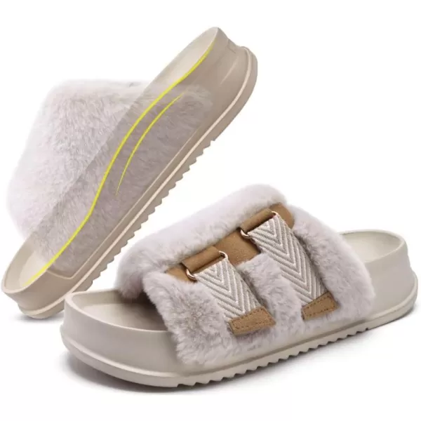 KuaiLu Womens Platform Slipper with Arch Support Soft Cushion Faux Fur Sandals Open Toe House Slipper Fluffy Slides Indoor Outdoor,6~12)