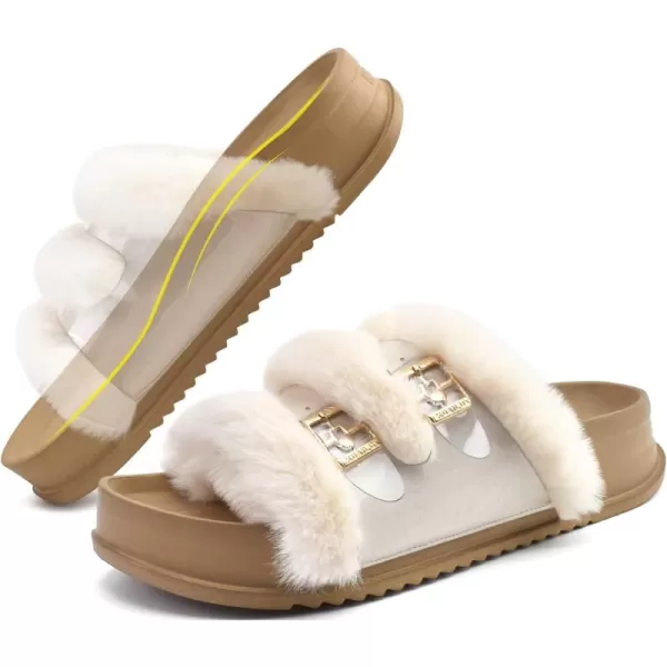 KuaiLu Womens Platform Slipper with Arch Support Soft Cushion Faux Fur Sandals Open Toe House Slipper Fluffy Slides Indoor Outdoor,6~12