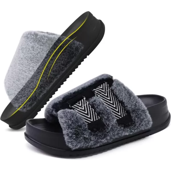 KuaiLu Womens Platform Slipper with Arch Support Soft Cushion Faux Fur Sandals Open Toe House Slipper Fluffy Slides Indoor Outdoor,6~12)