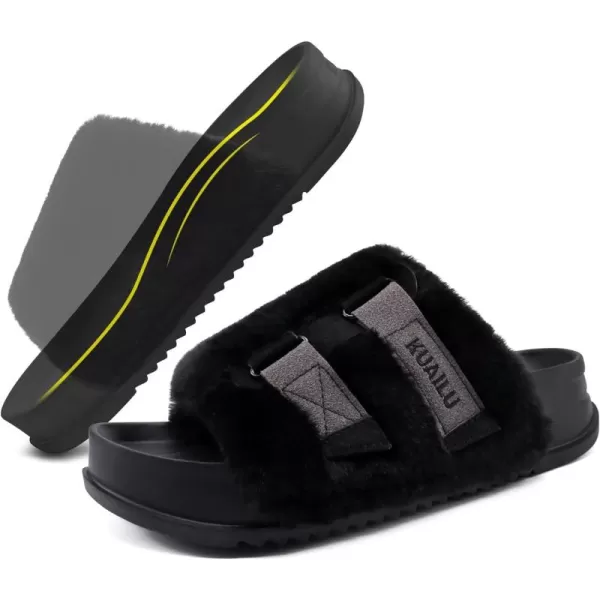 KuaiLu Womens Platform Slipper with Arch Support Soft Cushion Faux Fur Sandals Open Toe House Slipper Fluffy Slides Indoor Outdoor,6~12