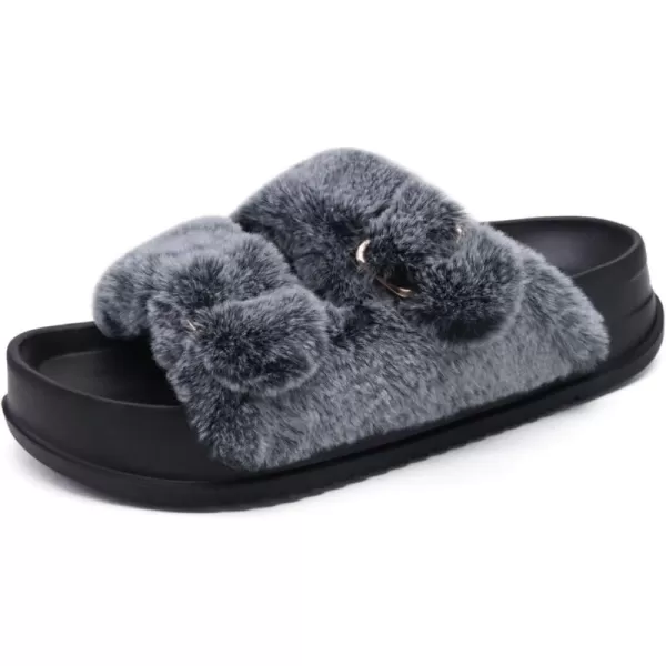 KuaiLu Womens Platform Slipper with Arch Support Soft Cushion Faux Fur Sandals Open Toe House Slipper Fluffy Slides Indoor Outdoor,6~12