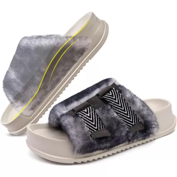 KuaiLu Womens Platform Slipper with Arch Support Soft Cushion Faux Fur Sandals Open Toe House Slipper Fluffy Slides Indoor Outdoor,6~12)