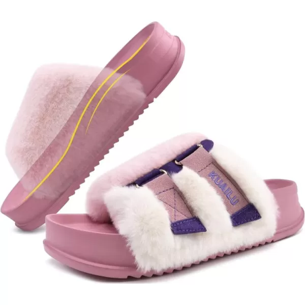 KuaiLu Womens Platform Slipper with Arch Support Soft Cushion Faux Fur Sandals Open Toe House Slipper Fluffy Slides Indoor Outdoor,6~12