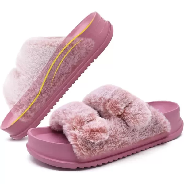 KuaiLu Womens Platform Slipper with Arch Support Soft Cushion Faux Fur Sandals Open Toe House Slipper Fluffy Slides Indoor Outdoor,6~12