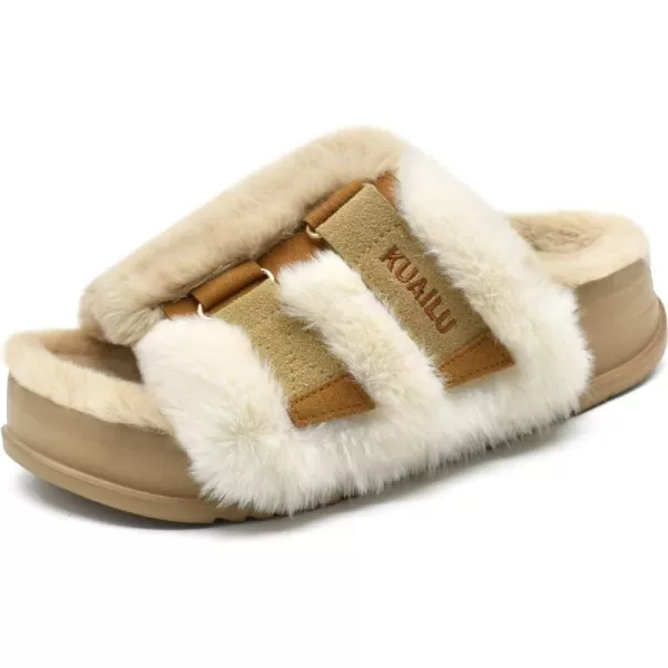 KuaiLu Womens Platform Slipper with Arch Support Soft Cushion Faux Fur Sandals Open Toe House Slipper Fluffy Slides Indoor Outdoor,6~12