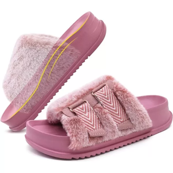 KuaiLu Womens Platform Slipper with Arch Support Soft Cushion Faux Fur Sandals Open Toe House Slipper Fluffy Slides Indoor Outdoor,6~12)