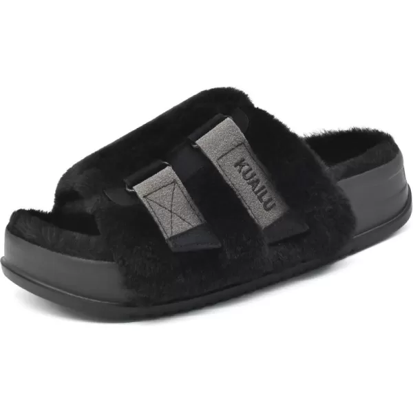 KuaiLu Womens Platform Slipper with Arch Support Soft Cushion Faux Fur Sandals Open Toe House Slipper Fluffy Slides Indoor Outdoor,6~12