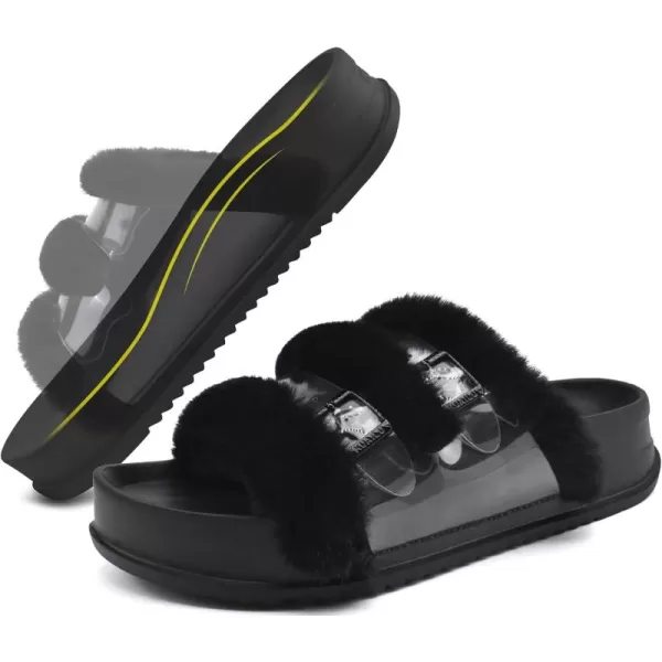 KuaiLu Womens Platform Slipper with Arch Support Soft Cushion Faux Fur Sandals Open Toe House Slipper Fluffy Slides Indoor Outdoor,6~12