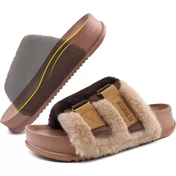 KuaiLu Womens Platform Slipper with Arch Support Soft Cushion Faux Fur Sandals Open Toe House Slipper Fluffy Slides Indoor Outdoor,6~12