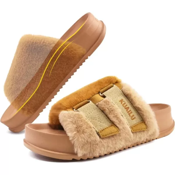 KuaiLu Womens Platform Slipper with Arch Support Soft Cushion Faux Fur Sandals Open Toe House Slipper Fluffy Slides Indoor Outdoor,6~12