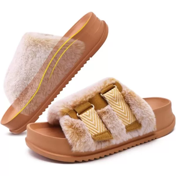 KuaiLu Womens Platform Slipper with Arch Support Soft Cushion Faux Fur Sandals Open Toe House Slipper Fluffy Slides Indoor Outdoor,6~12)