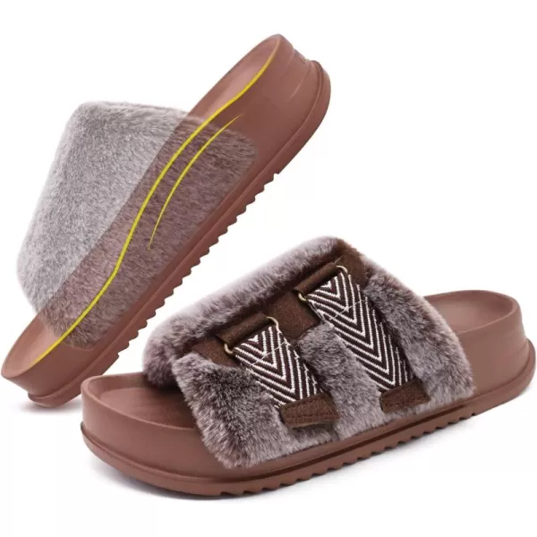KuaiLu Womens Platform Slipper with Arch Support Soft Cushion Faux Fur Sandals Open Toe House Slipper Fluffy Slides Indoor Outdoor,6~12)