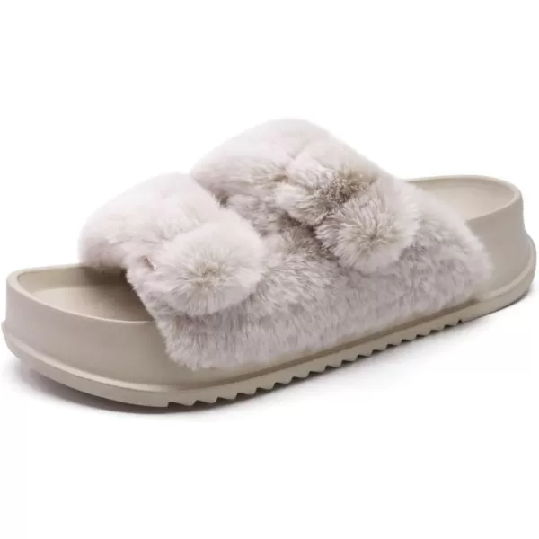 KuaiLu Womens Platform Slipper with Arch Support Soft Cushion Faux Fur Sandals Open Toe House Slipper Fluffy Slides Indoor Outdoor,6~12
